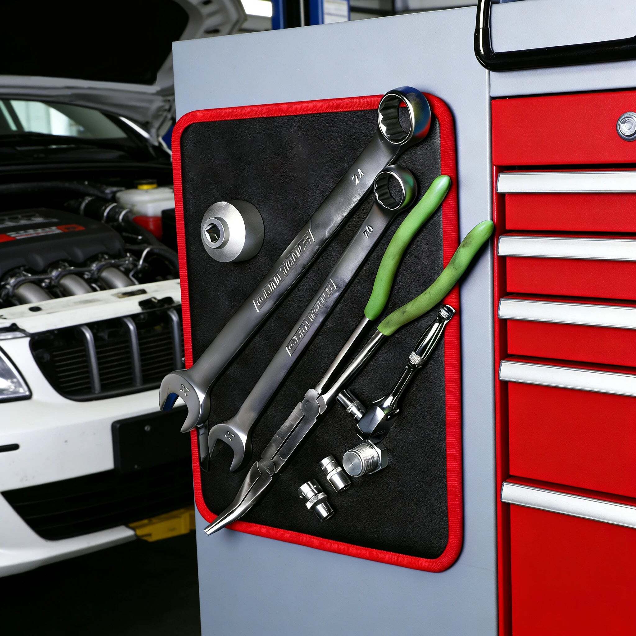 Magnetic tool mat mounted on the side of a rolling toolbox holding wrenches