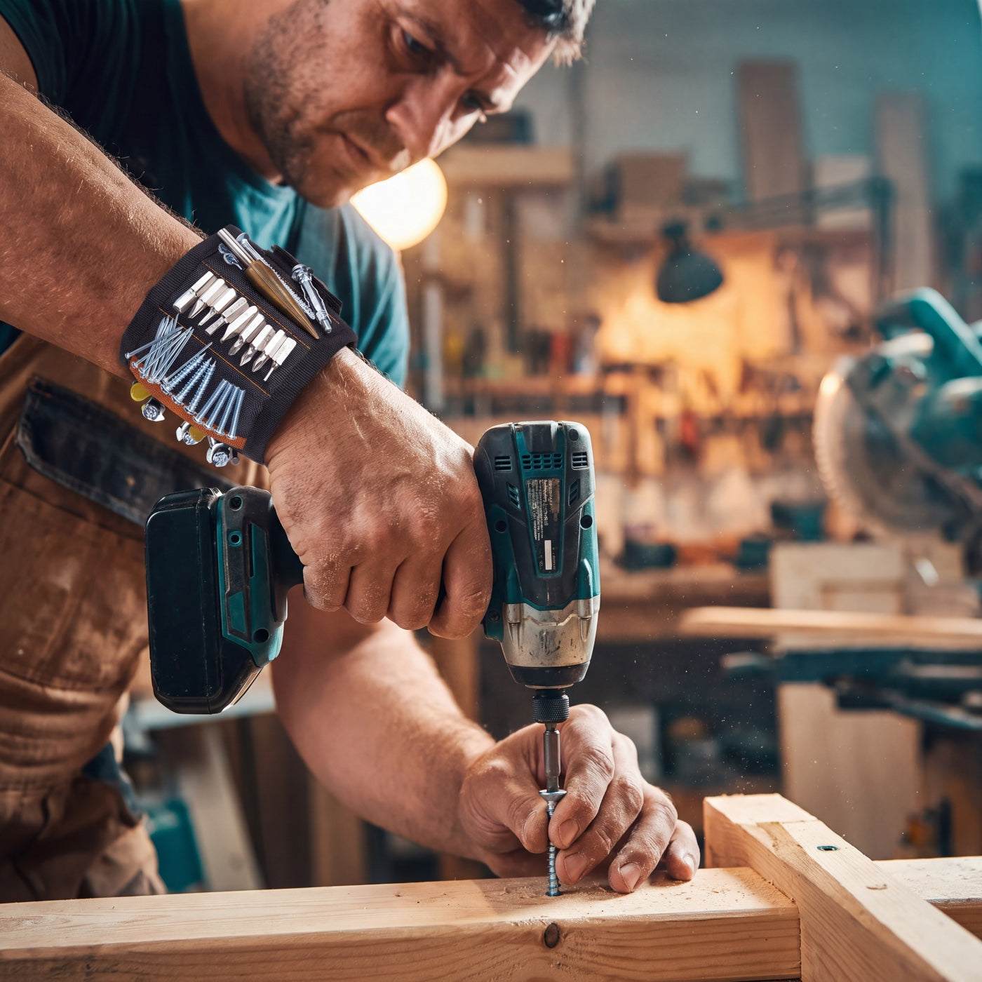 Mechanic using the magnetic wristband hands-free on the job